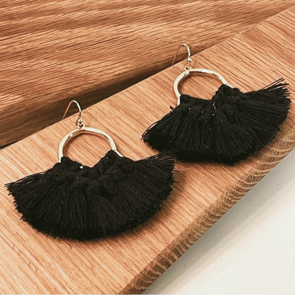 Handmade Macrame Knotted Tassel Fringe Statement Earrings Black Gold